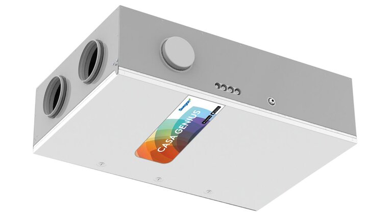 Flaches Lüftungsgerät mit der Modellbezeichnung "Swegon CASA Genius".